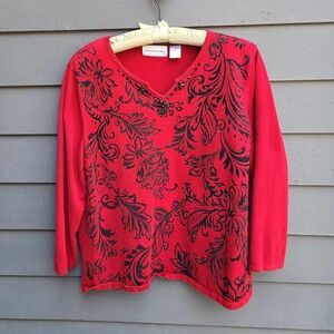 Alfred Dunner Red Black Beaded Sweater Size Large